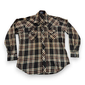 Vintage Lariat Western Shirt Adult LARGE Black Plaid Flannel Pearl Snaps 80s